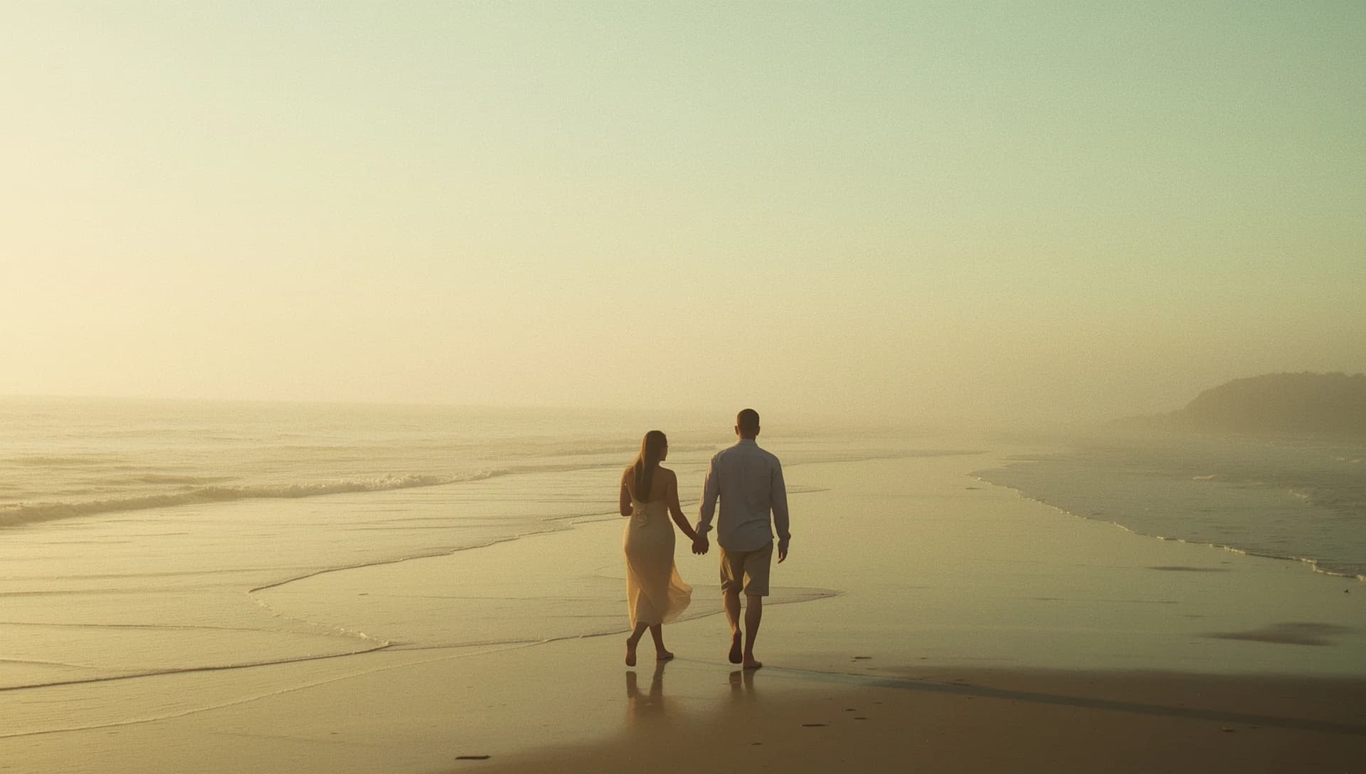 Two adults walking side by side along the shoreline at sunset